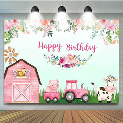 Lofaris Pink Farm Animals Happy Birthday Backdrop for Girls Barnyard Cow and Pig with Tractor Floral Party Photo Prop