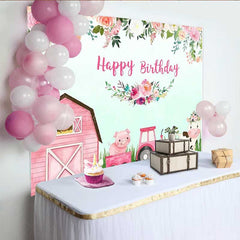Lofaris Pink Farm Animals Happy Birthday Backdrop for Girls Barnyard Cow and Pig with Tractor Floral Party Photo Prop
