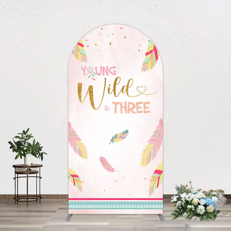 Lofaris Pink Feather Young Wild Three Birthday Arch Backdrop