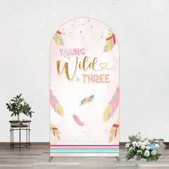 Lofaris Pink Feather Young Wild Three Birthday Arch Backdrop