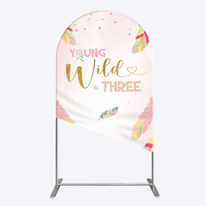 Lofaris Pink Feather Young Wild Three Birthday Arch Backdrop