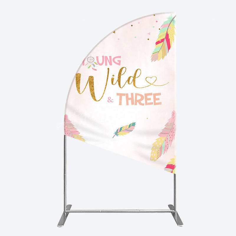 Lofaris Pink Feather Young Wild Three Birthday Half Moon Arch Backdrop