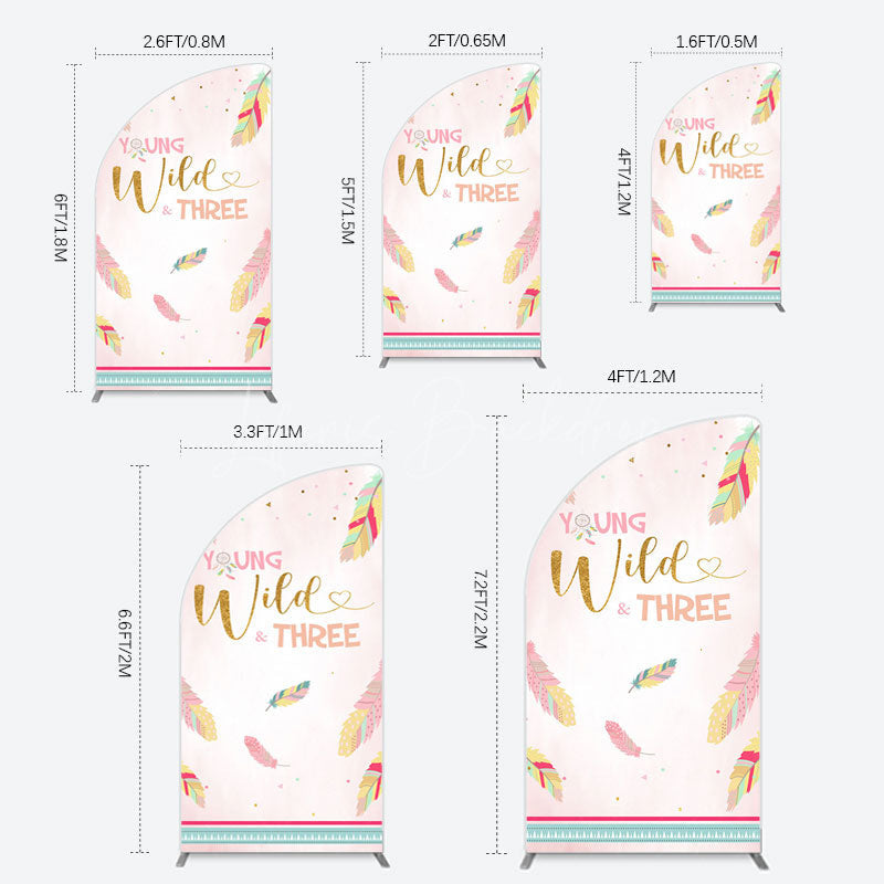 Lofaris Pink Feather Young Wild Three Birthday Half Moon Arch Backdrop