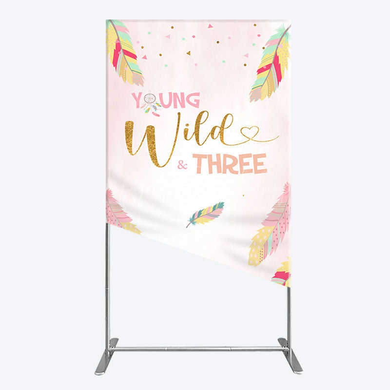 Lofaris Pink Feather Young Wild Three Birthday Rectangle Backdrop
