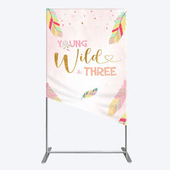 Lofaris Pink Feather Young Wild Three Birthday Rectangle Backdrop