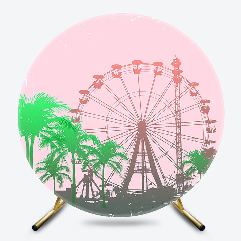 Lofaris Pink Ferris Wheel Palm Trees Round Birthday Backdrop
