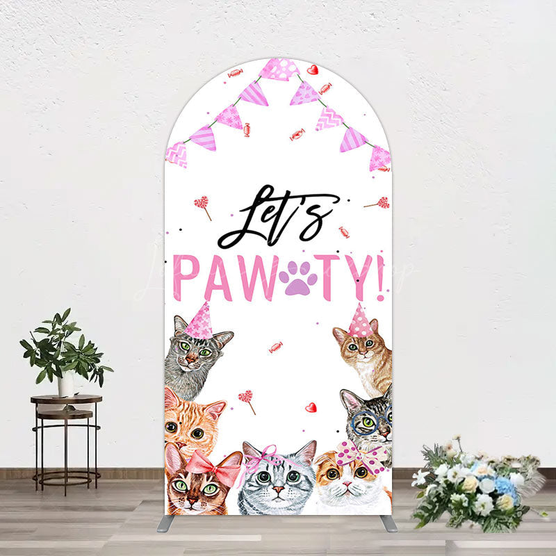 Lofaris Pink Flag Ribbons Lets Pawty Cute Cats Arch Backdrop