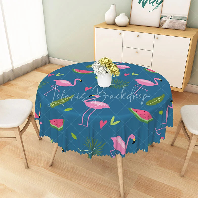 Lofaris Pink Flamingo and Watermelon Round Tablecloth Tropical Summer Party Dining Decor