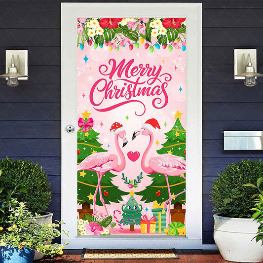 Lofaris Pink Flamingo Floral Merry Christmas Door Cover