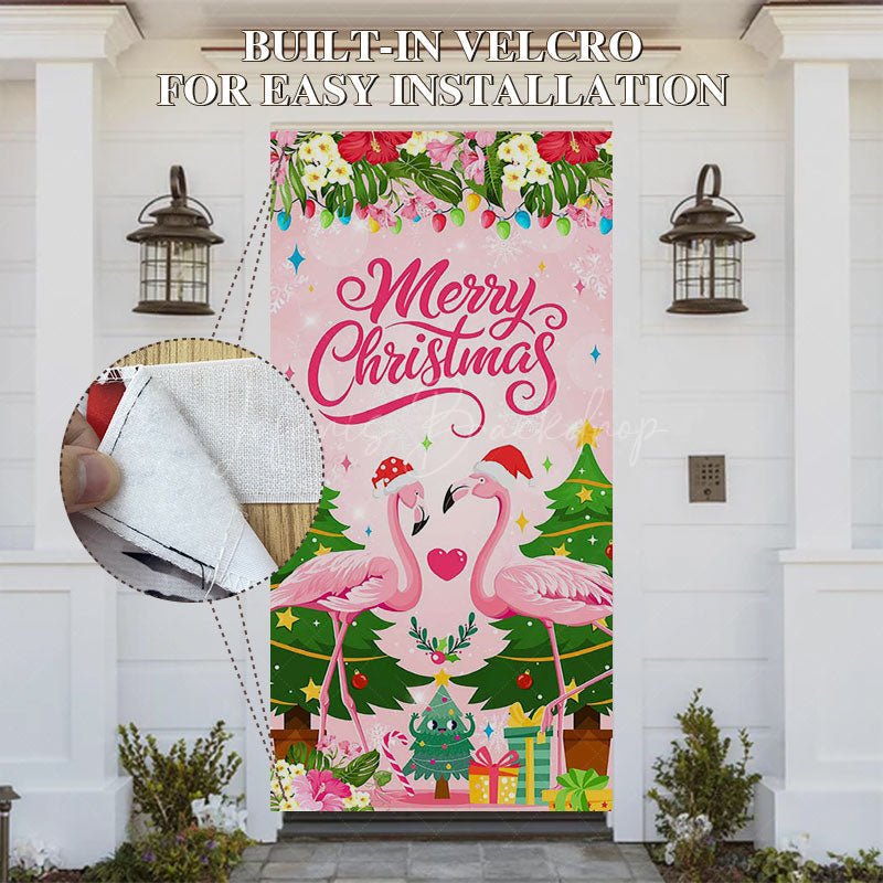 Lofaris Pink Flamingo Floral Merry Christmas Door Cover
