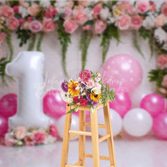 Lofaris Pink Floral and Balloon First Birthday Photography Backdrop Elegant Party Decor
