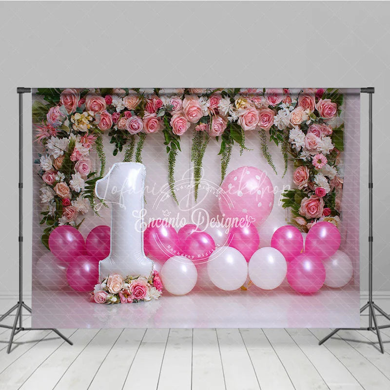 Lofaris Pink Floral and Balloon First Birthday Photography Backdrop Elegant Party Decor