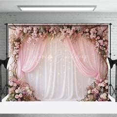 Lofaris Pink Floral Arch and Sheer Drapes Photography Backdrop with Twinkling Fairy Lights Romantic Wedding Party Decor