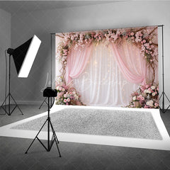 Lofaris Pink Floral Arch and Sheer Drapes Photography Backdrop with Twinkling Fairy Lights Romantic Wedding Party Decor