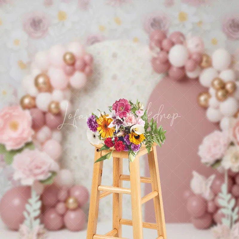 Lofaris Pink Floral Arch Backdrop Pastel Balloon and Rose Flower Garden Photography Background for Girls Baby Shower