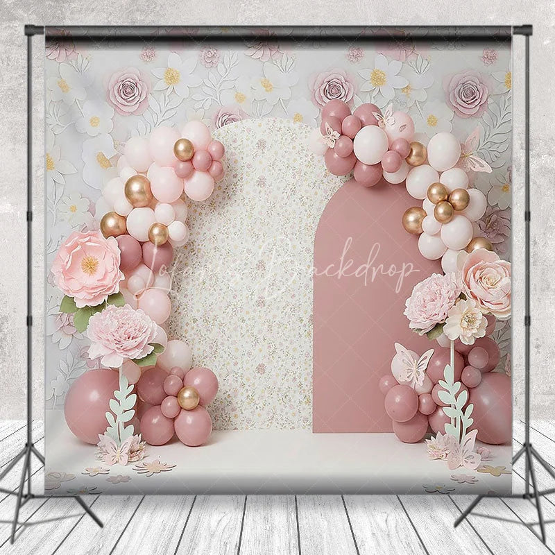 Lofaris Pink Floral Arch Backdrop Pastel Balloon and Rose Flower Garden Photography Background for Girls Baby Shower