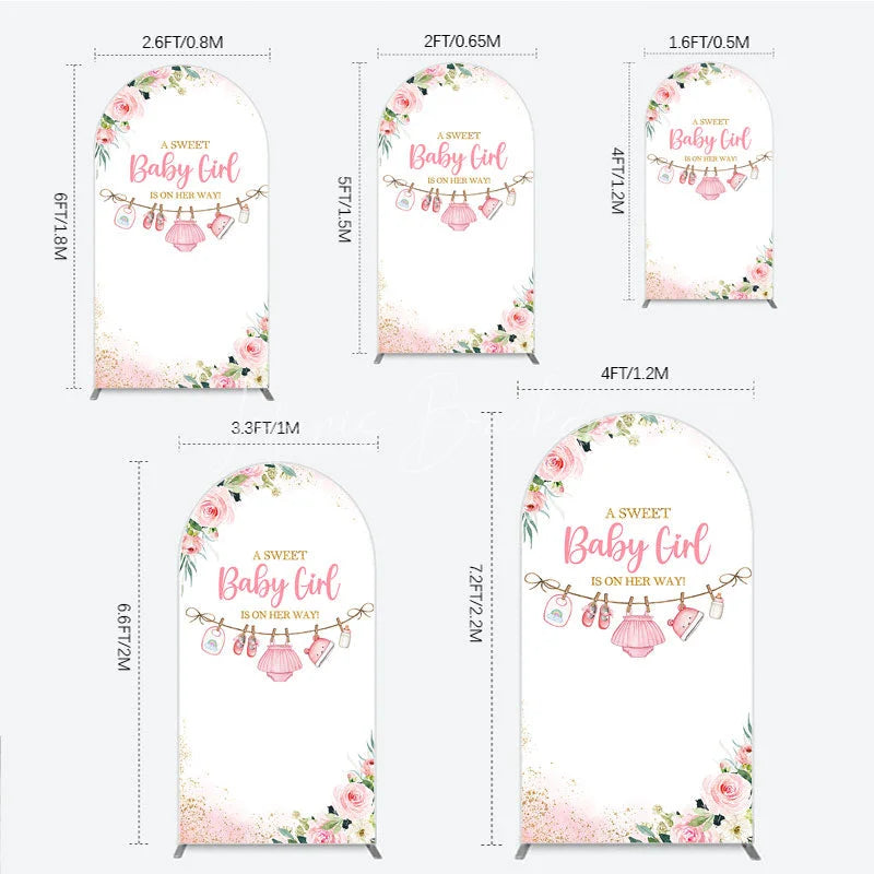 Lofaris Pink Floral Baby Girl Is On Her Way Round Top Arch Backdrop with Clothesline and Golden Glitter