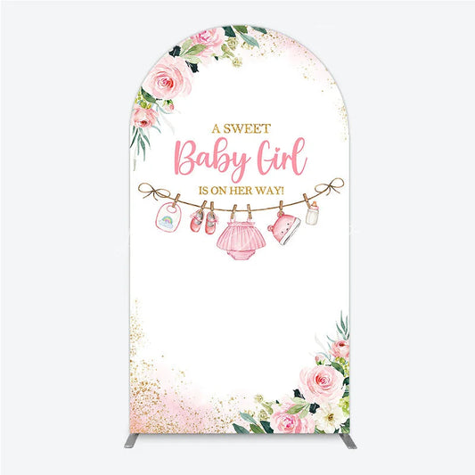 Lofaris Pink Floral Baby Girl Is On Her Way Round Top Arch Backdrop with Clothesline and Golden Glitter