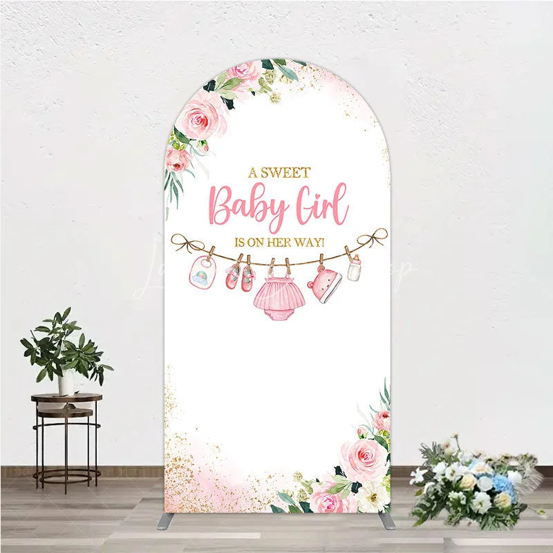 Lofaris Pink Floral Baby Girl Is On Her Way Round Top Arch Backdrop with Clothesline and Golden Glitter