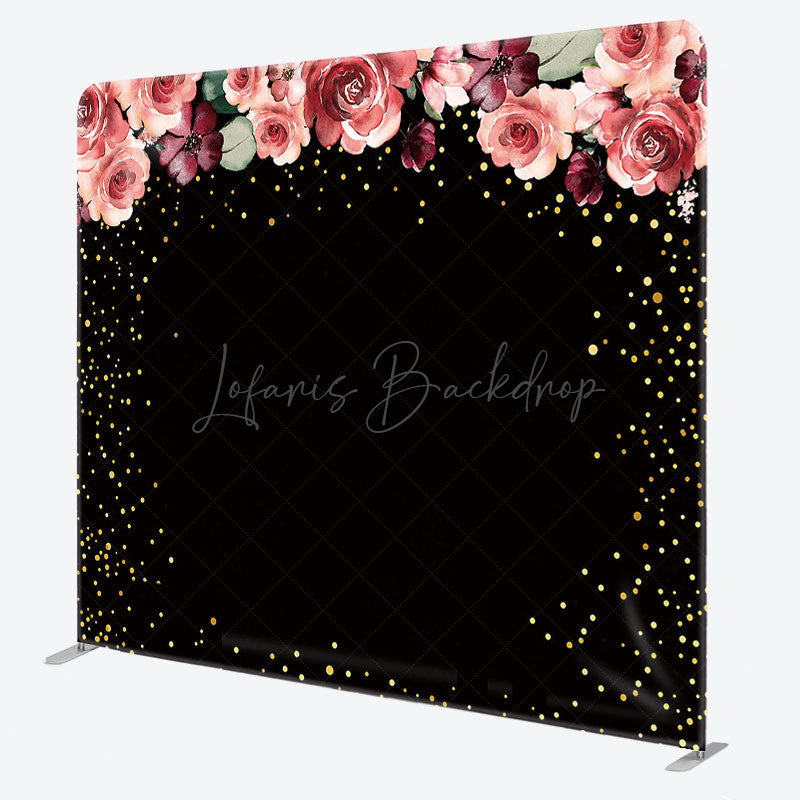 Lofaris Pink Floral Black Gold Glitter Pillow Case Backdrop