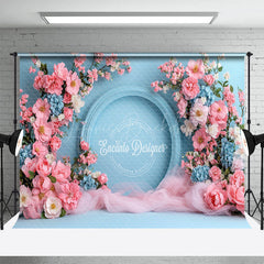 Lofaris Pink Floral Blue Fine Art Wall Wedding Photo Backdrop