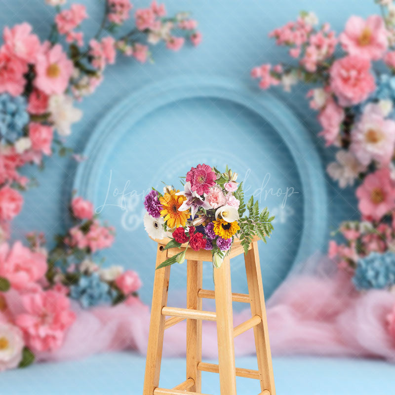 Lofaris Pink Floral Blue Fine Art Wall Wedding Photo Backdrop