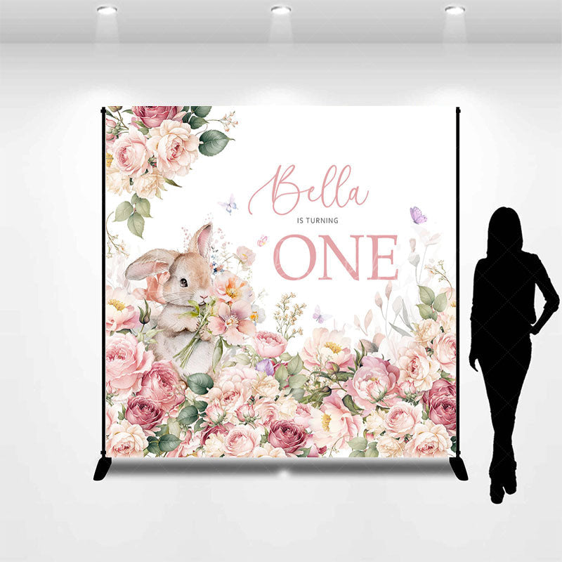 Lofaris Pink Floral Bunny Custom Name 1st Birthday Backdrop