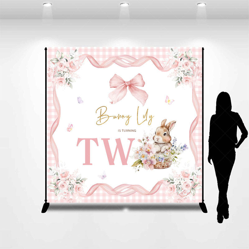 Lofaris Pink Floral Bunny Custom Name 2nd Birthday Backdrop