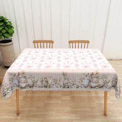 Lofaris Pink Floral Bunny Rectangle Tablecloth Spring Flower Rabbit Pattern Table Cover Easter Kitchen Dining Decor