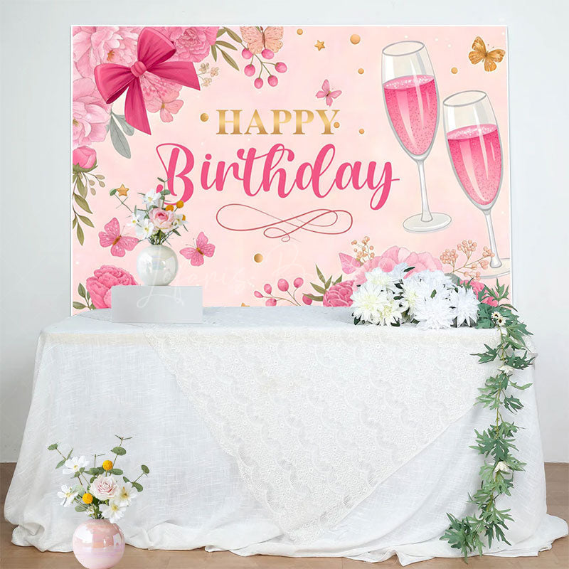 Lofaris Pink Floral Butterfly Cheers To Birthday Backdrop