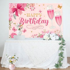 Lofaris Pink Floral Butterfly Cheers To Birthday Backdrop
