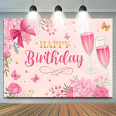 Lofaris Pink Floral Butterfly Cheers To Birthday Backdrop
