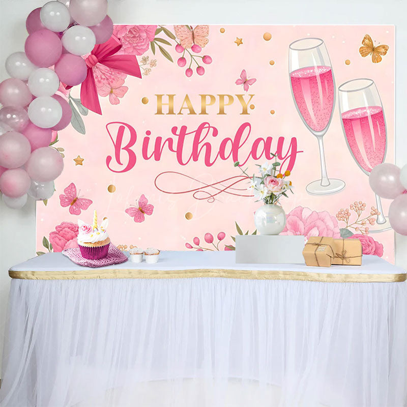Lofaris Pink Floral Butterfly Cheers To Birthday Backdrop