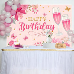 Lofaris Pink Floral Butterfly Cheers To Birthday Backdrop