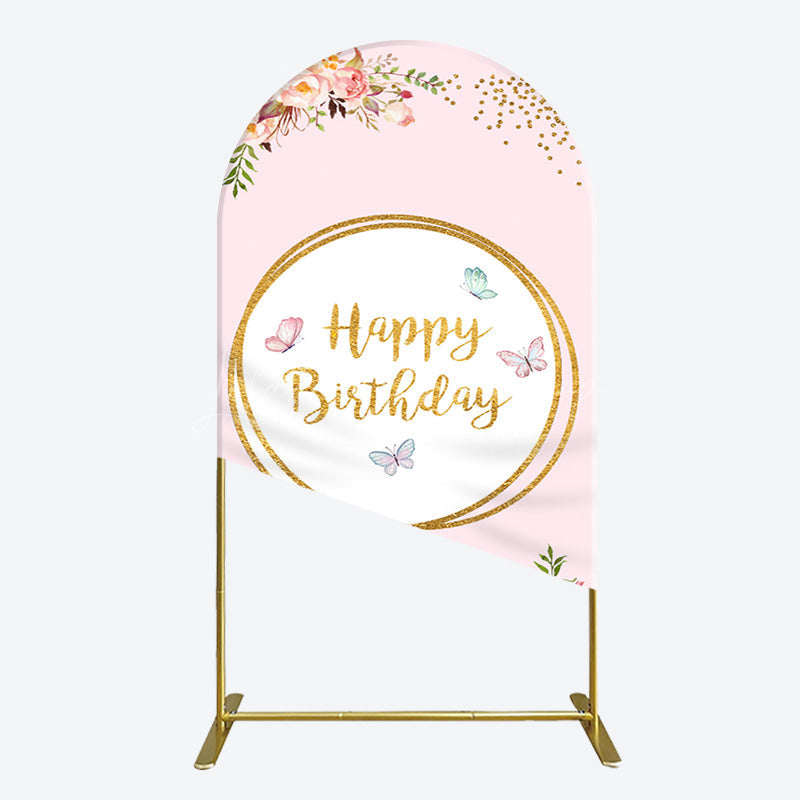 Lofaris Pink Floral Butterfly Happy Birthday Arch Backdrop