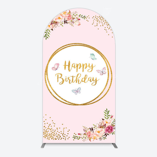 Lofaris Pink Floral Butterfly Happy Birthday Arch Backdrop