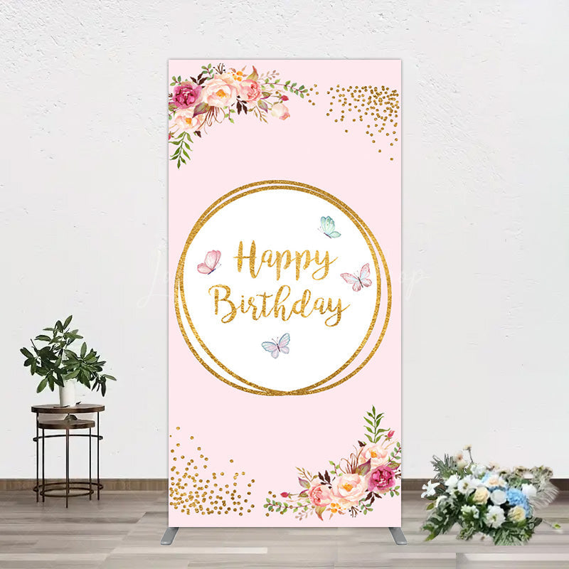 Lofaris Pink Floral Butterfly Happy Birthday Rectangle Backdrop