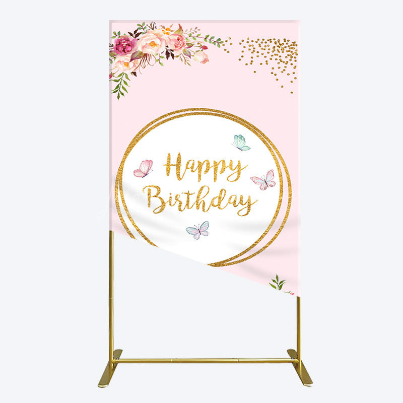 Lofaris Pink Floral Butterfly Happy Birthday Rectangle Backdrop