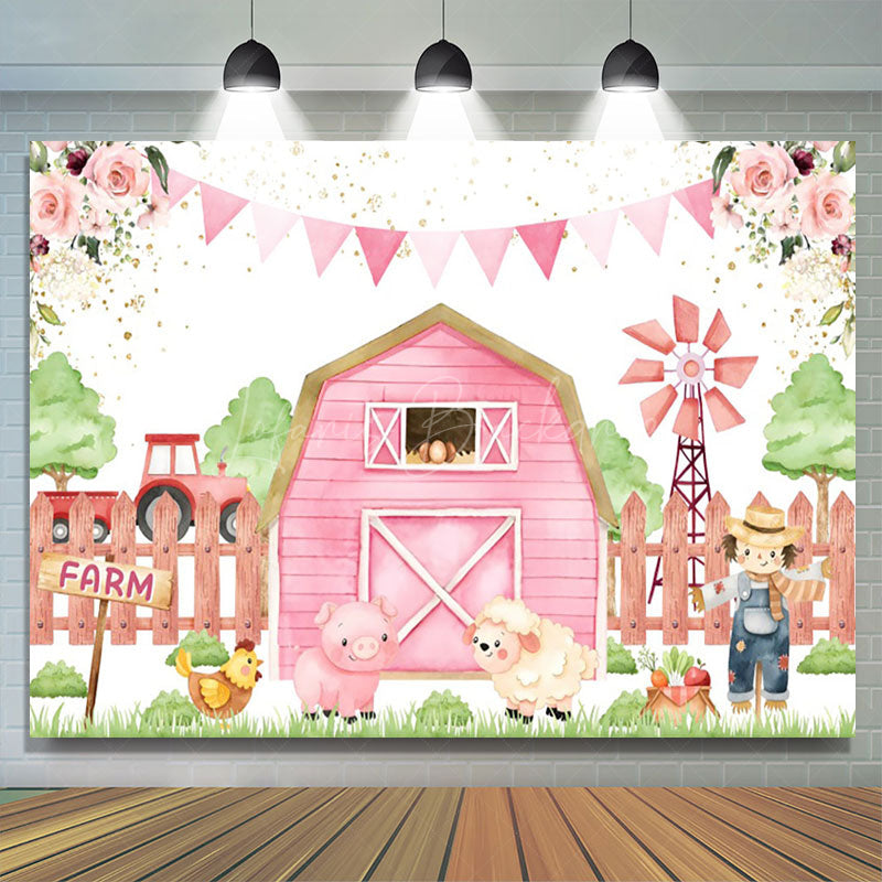 Lofaris Pink Floral Cowgirl Farm Flags Birthday Backdrop