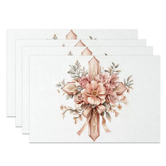 Lofaris Pink Floral Cross Set of 4 Placemats Elegant Rose Ribbon Holy Religious Table Mats Baptism First Communion Decor