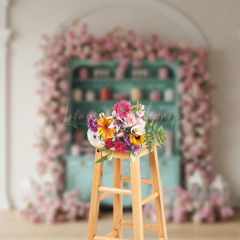Lofaris Pink Floral Cupboard White Wall Wedding Backdrop