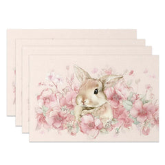 Lofaris Pink Floral Easter Bunny Set of 4 Placemats Cute Rabbit Spring Flower Table Mats for Dining Room