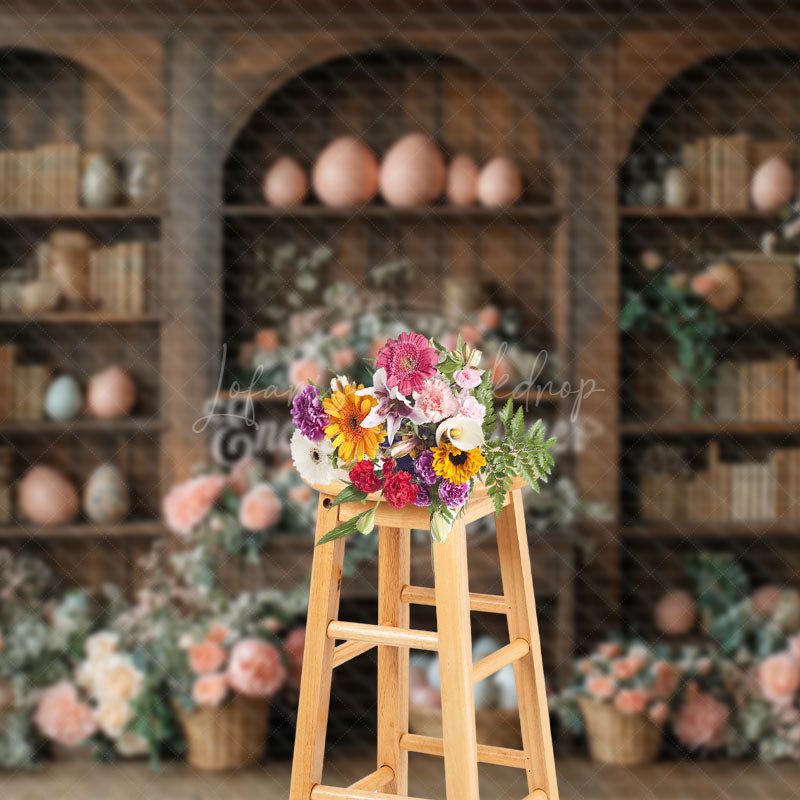 Lofaris Pink Floral Eggs Retro Bookshelf Easter Backdrop