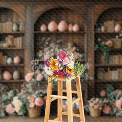 Lofaris Pink Floral Eggs Retro Bookshelf Easter Backdrop