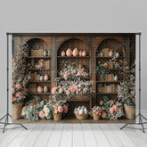 Lofaris Pink Floral Eggs Retro Bookshelf Easter Backdrop
