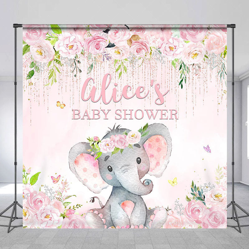 Lofaris Pink Floral Elephant Custom Name Baby Shower Backdrop