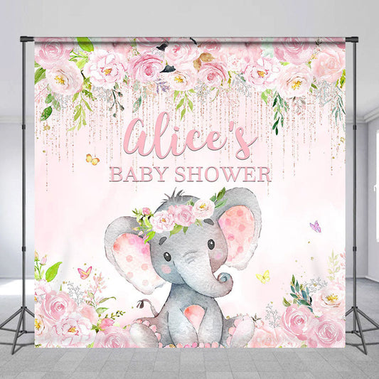 Lofaris Pink Floral Elephant Custom Name Baby Shower Backdrop