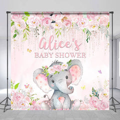 Lofaris Pink Floral Elephant Custom Name Baby Shower Backdrop