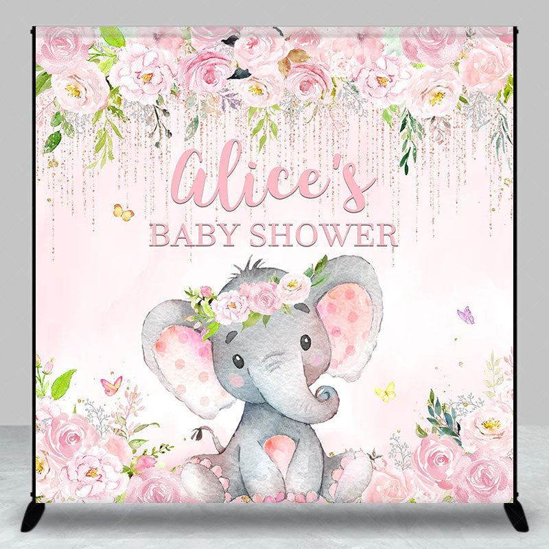 Lofaris Pink Floral Elephant Custom Name Baby Shower Backdrop