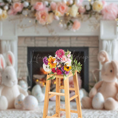 Lofaris Pink Floral Fireplace Bunny Doll Easter Backdrop